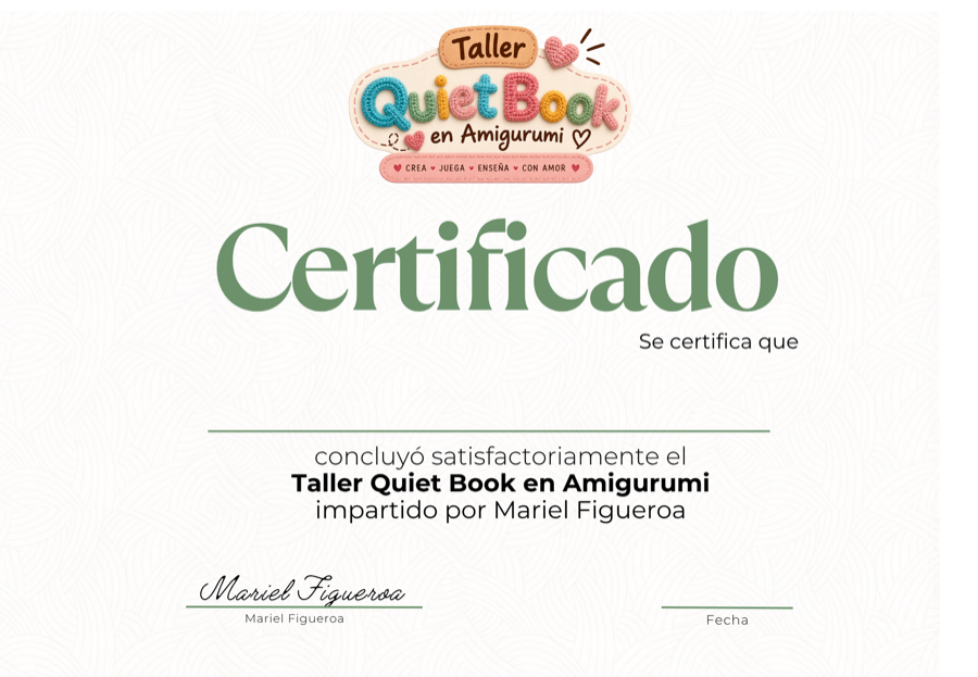 Certificado de participación del Taller Quiet Book en Amigurumi