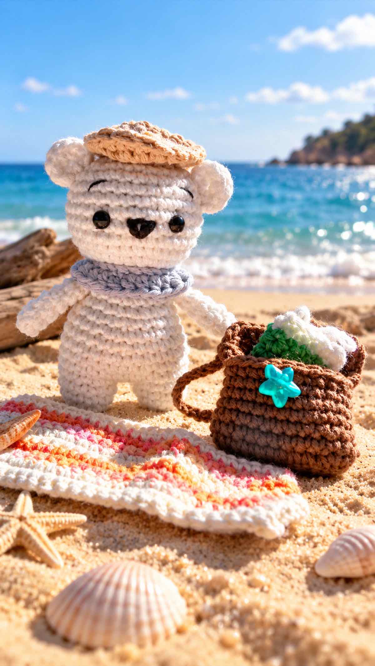 Osito amigurumi en la escena de playa del Quiet Book